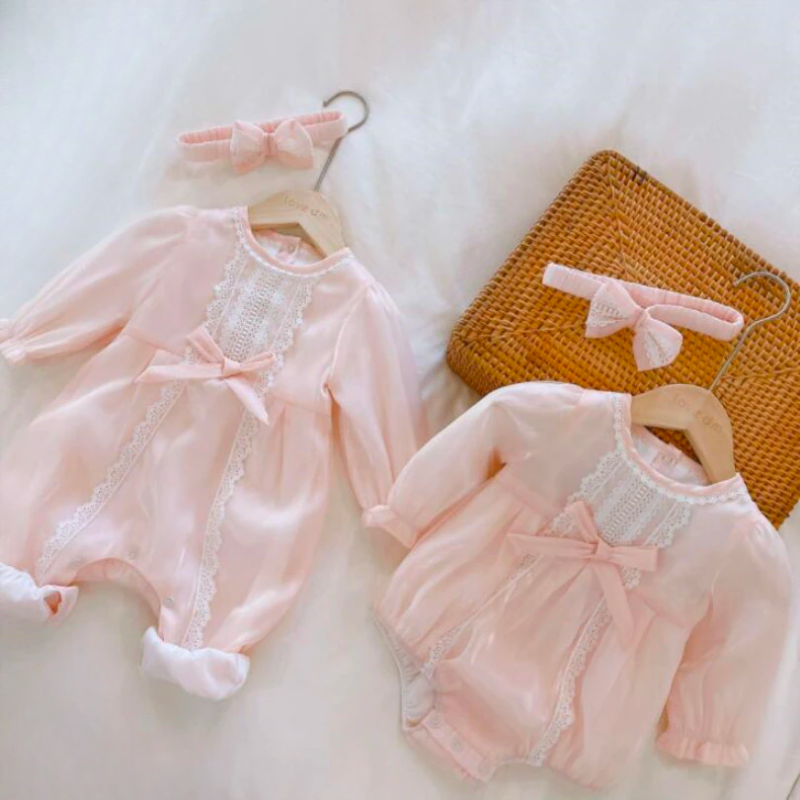 Pink Angel Face Vintage Spanish baby girl bubble romper and long-sleeve romper with lace and matching headbands for reborn baby girl dolls, newborn babies and baby girls.