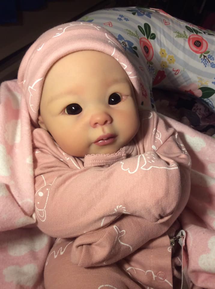 Asian Chinese reborn baby girl doll cuddle baby from the Tami awake by Linda Murray sculpt reborned by Sara Lahaie from Reborn Dolls by Sara in Canada.