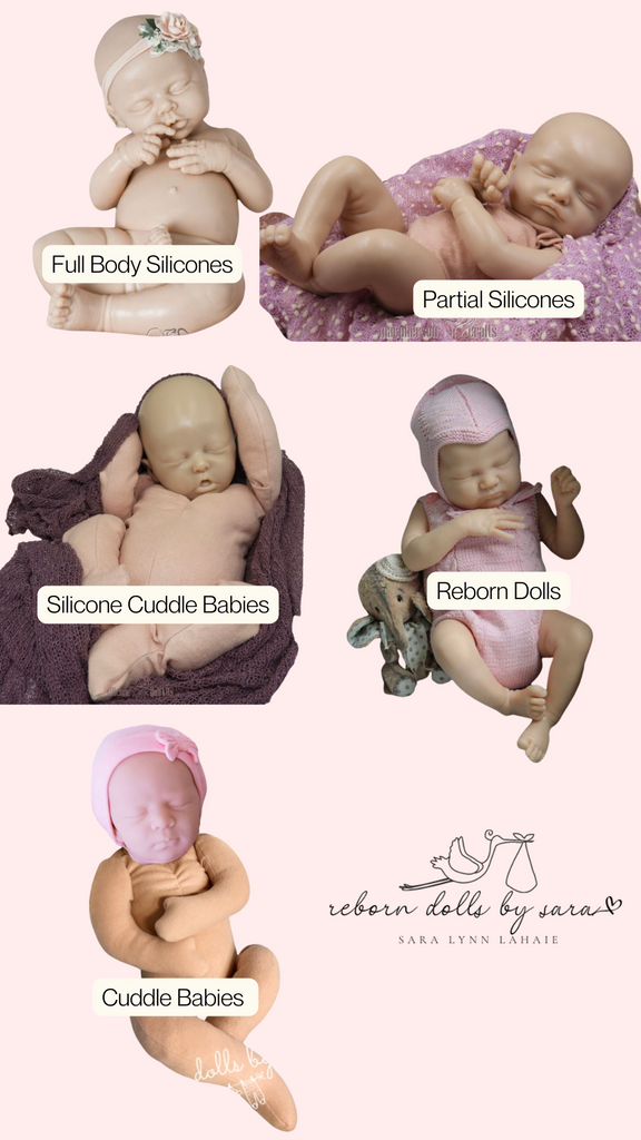 What's the difference between a cuddle baby and a reborn doll or a silicone doll? This photo shows a full body silicone reborn doll, a partial silicone, a silicone cuddle baby, a regular vinyl reborn doll and a vinyl cuddle baby.