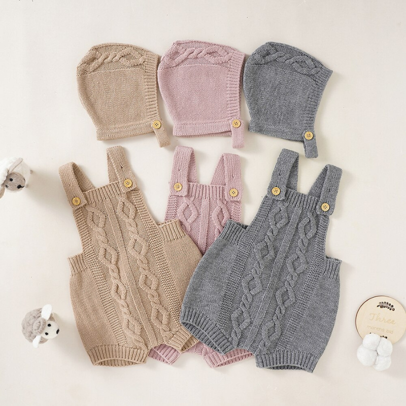 Beige, pink and grey Spanish Knit shortalls with matching bonnets for babies and reborn dolls.