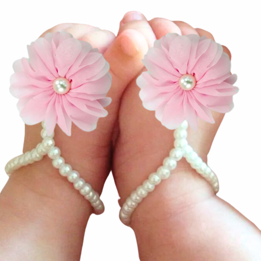 Pink Tootsie Blooms Newborn Baby Barefoot Sandals Pearl with flowers dotted in pearls for reborn dolls.
