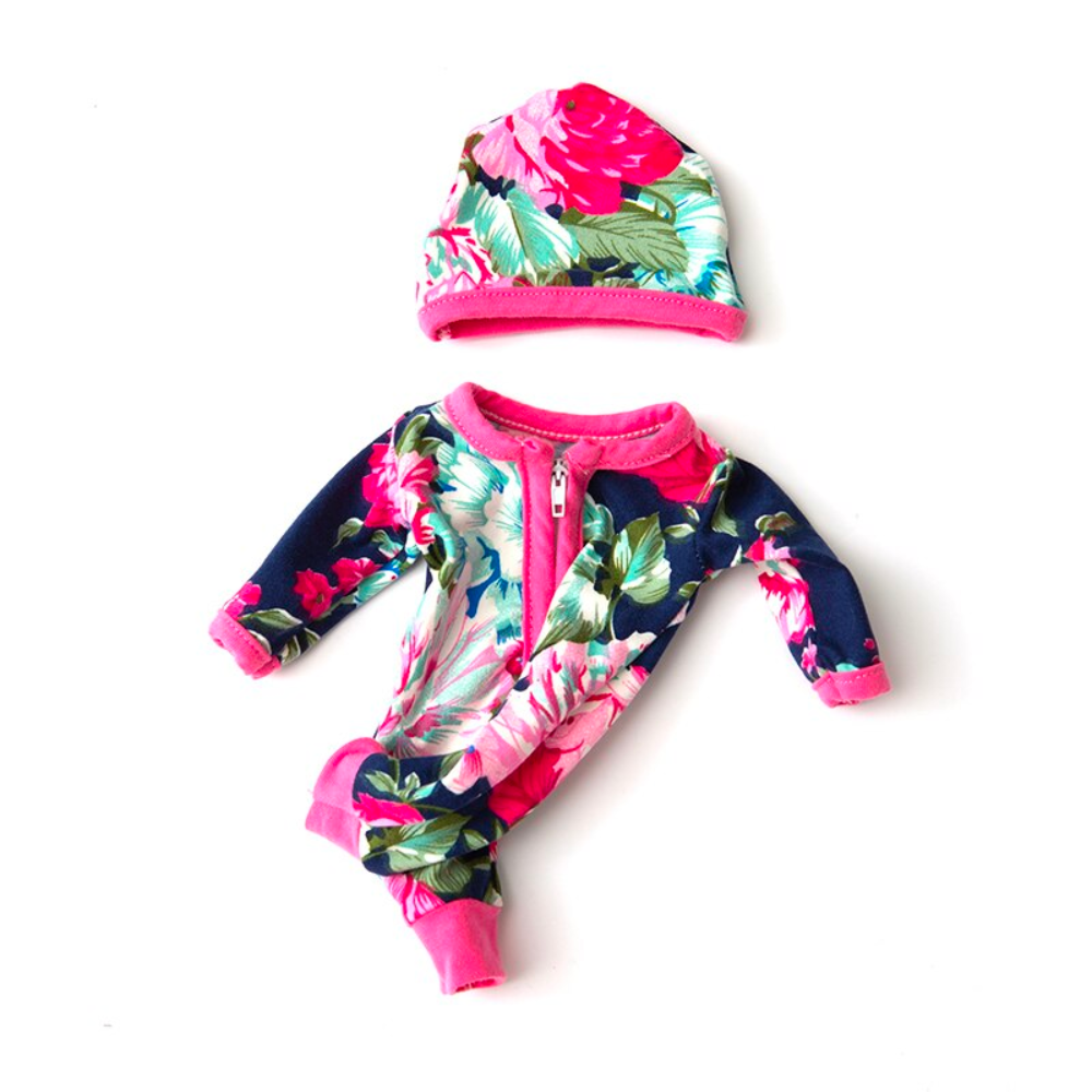 Navy blue with pink trim floral 10-12" Mini Reborn Doll Rompers with Matching Hats