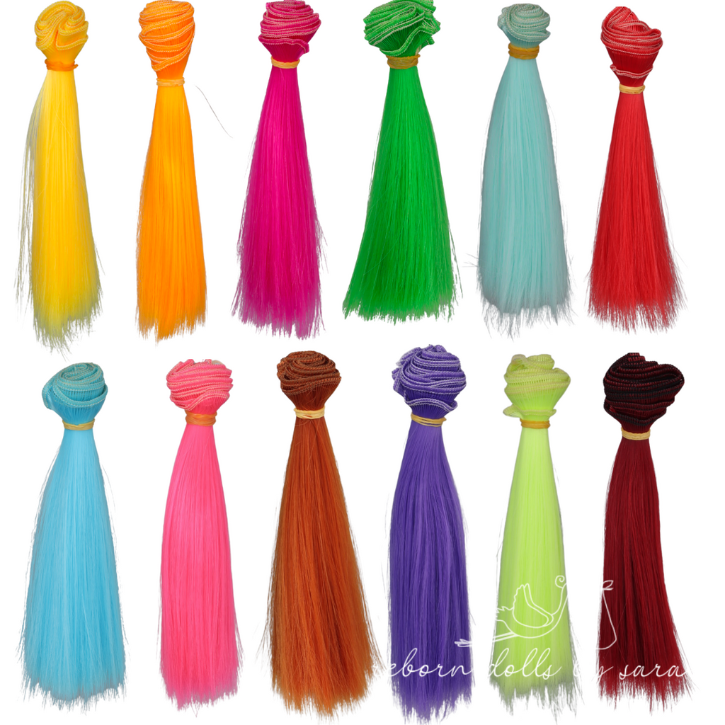 15cm synthetic doll hair for alternative reborn dolls in yellow, orange, pink, lime green, aqua, fire engine red, cyan blue, hot pink, copper orange, purple neon yellow, and deep red.