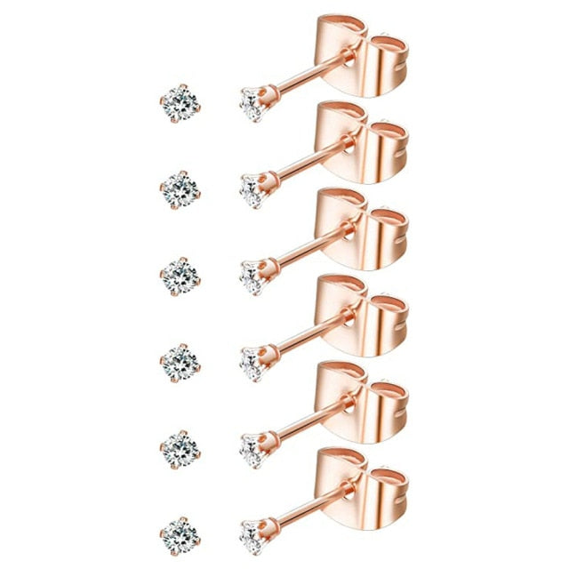 Six cubic zirconia stud 14k rose gold plated earrings made from stainless steel baby jewelry for reborns.