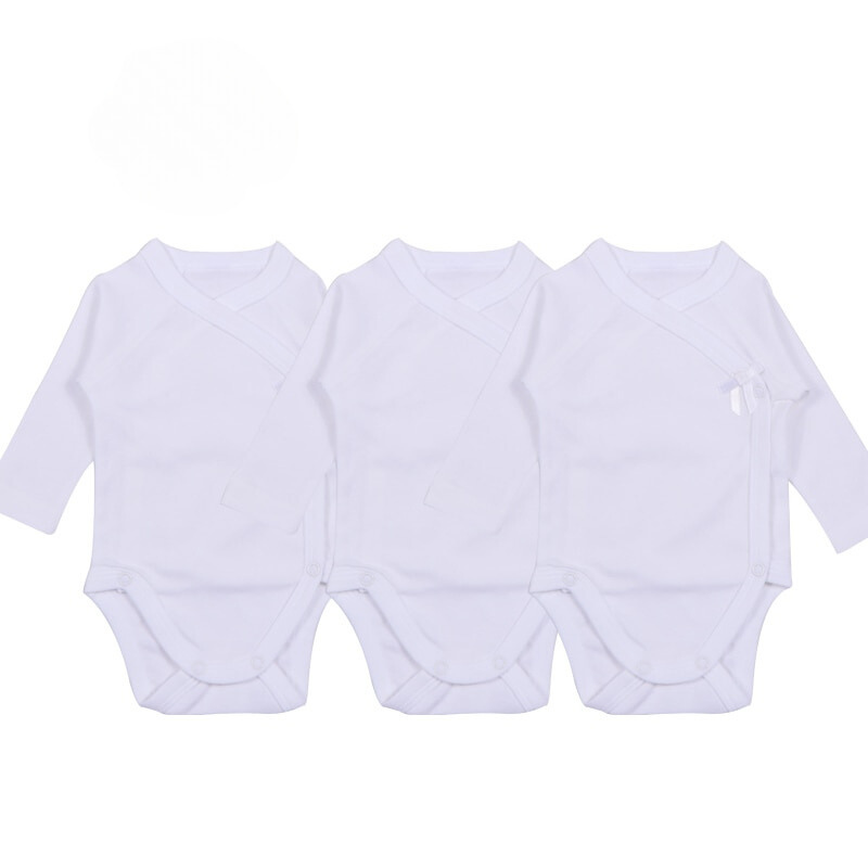 Three pack set of ivory white kimono side button snap cotton onesies for newborns and preemie babies as well as reborn dolls.