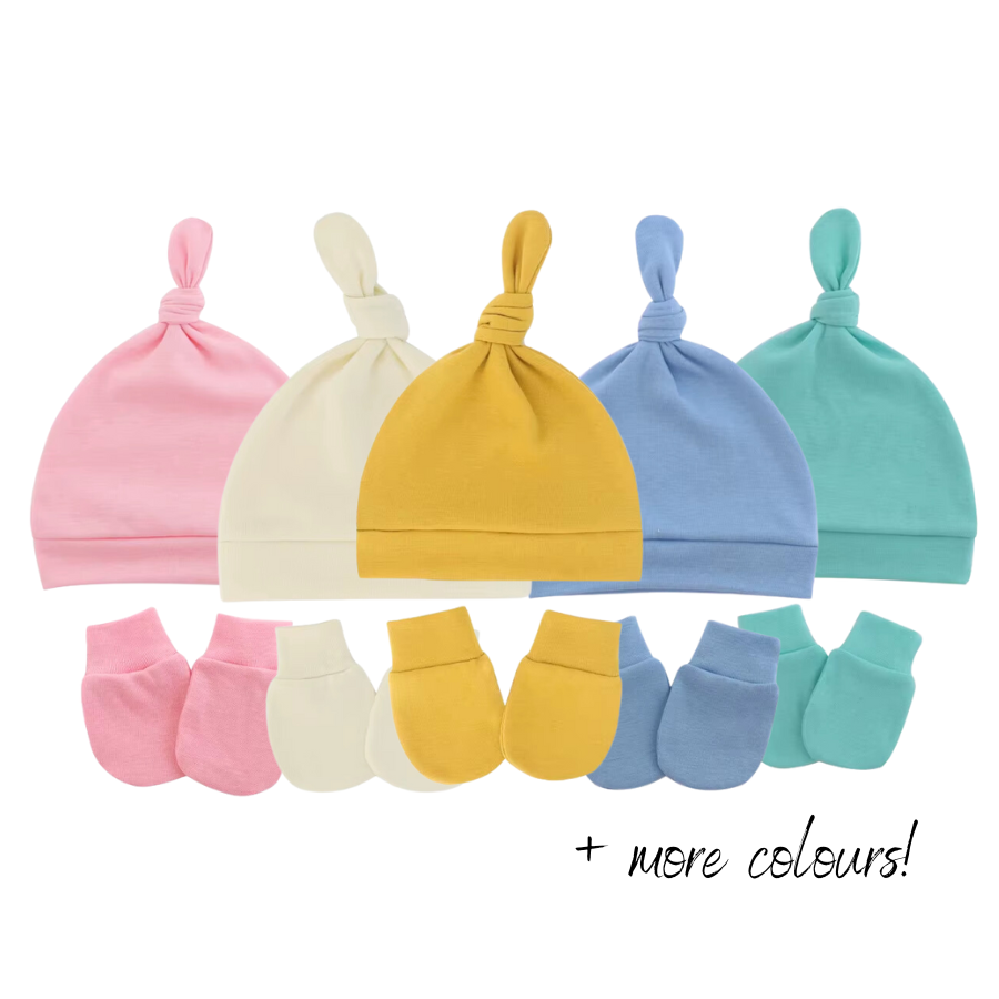 Newborn and preemie Reborn Anti-Scratch Mitts and Knotted baby Hats Sets for Baby Boys and Girls.