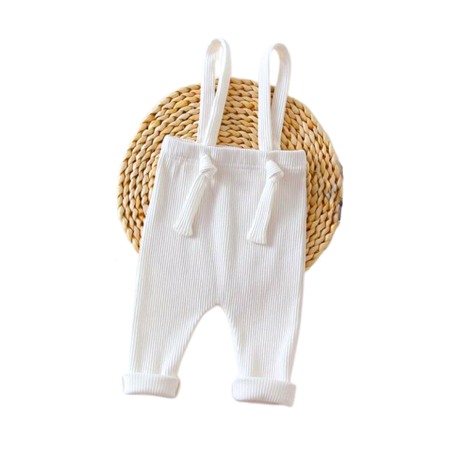 Ivory White bohemian boho baby ribbed adjustable overalls for reborn dolls and newborn babies.