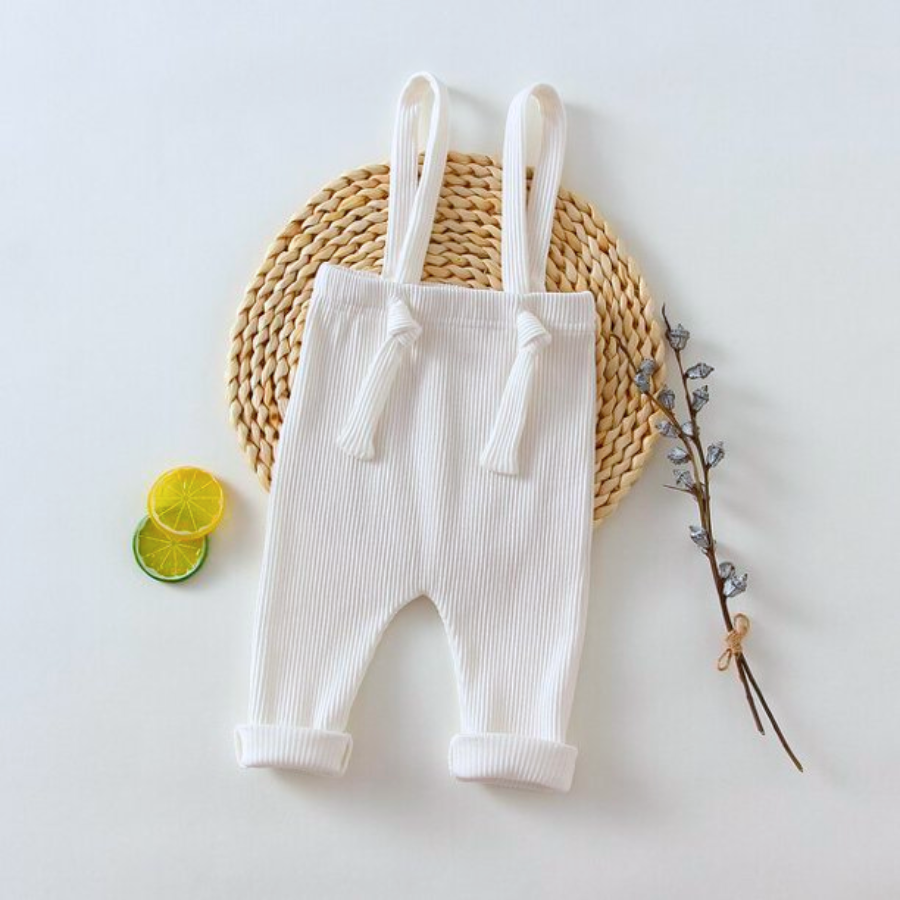 Ivory White bohemian boho baby ribbed adjustable overalls for reborn dolls and newborn babies.