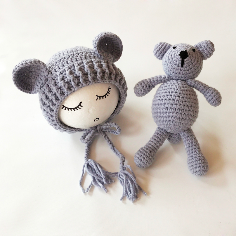 Grey Cutie Pie Crochet Newborn Baby Bear Bonnet with Matching Stuffy
