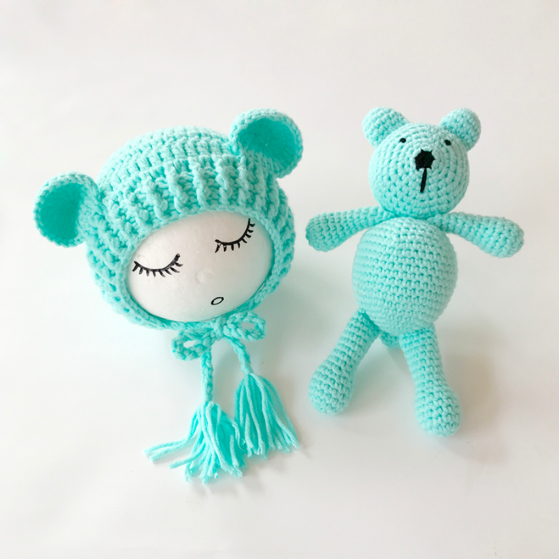 Aqua cyan blue turquoise Cutie Pie Crochet Newborn Baby Bear Bonnet with Matching Stuffy