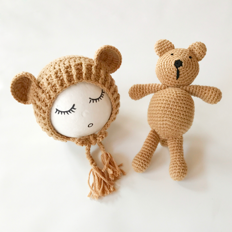 Khaki tan light brown Cutie Pie Crochet Newborn Baby Bear Bonnet with Matching Stuffy