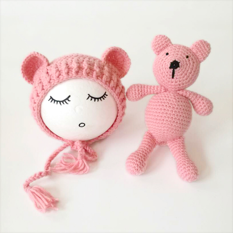 Pink Cutie Pie Crochet Newborn Baby Bear Bonnet with Matching Stuffy