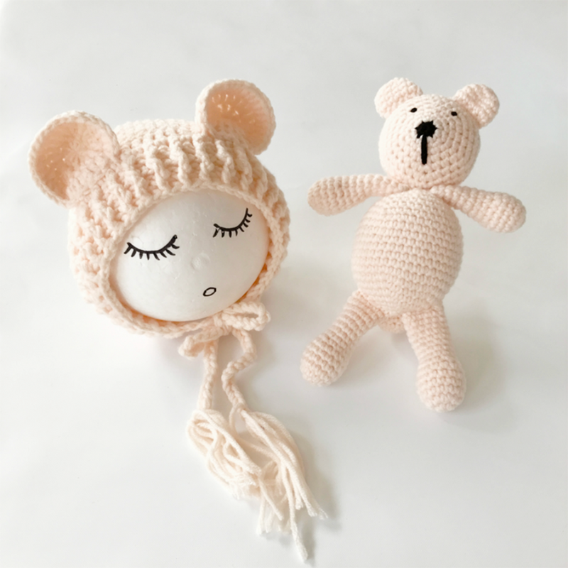 Offwhite oatmeal coloured Cutie Pie Crochet Newborn Baby Bear Bonnet with Matching Stuffy