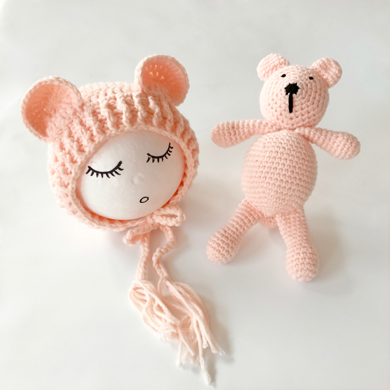 Peach Cutie Pie Crochet Newborn Baby Bear Bonnet with Matching Stuffy