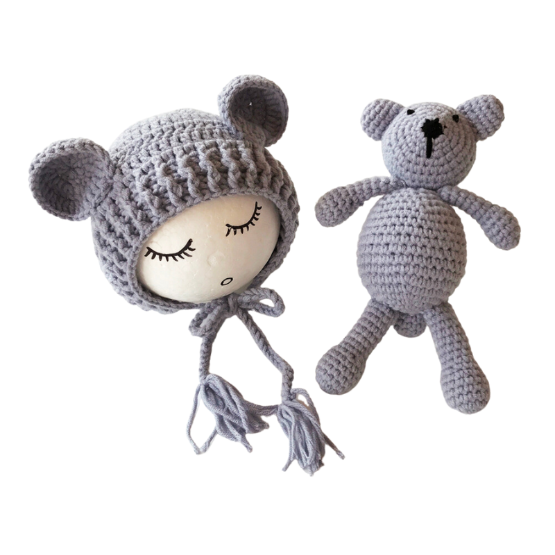 Grey Cutie Pie Crochet Newborn Baby Bear Bonnet with Matching Stuffy