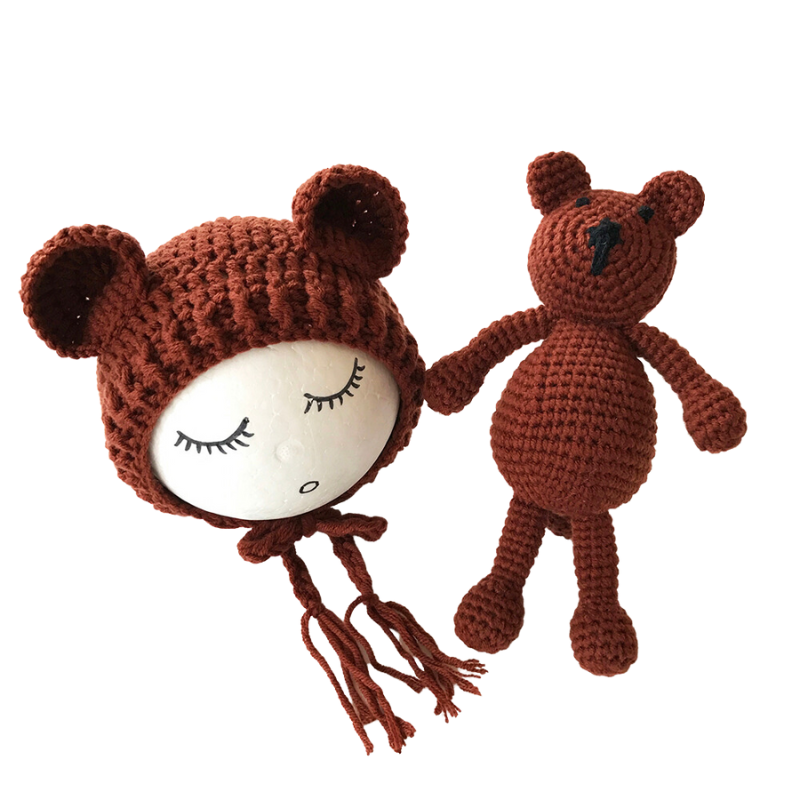 Brown Cutie Pie Crochet Newborn Baby Bear Bonnet with Matching Stuffy
