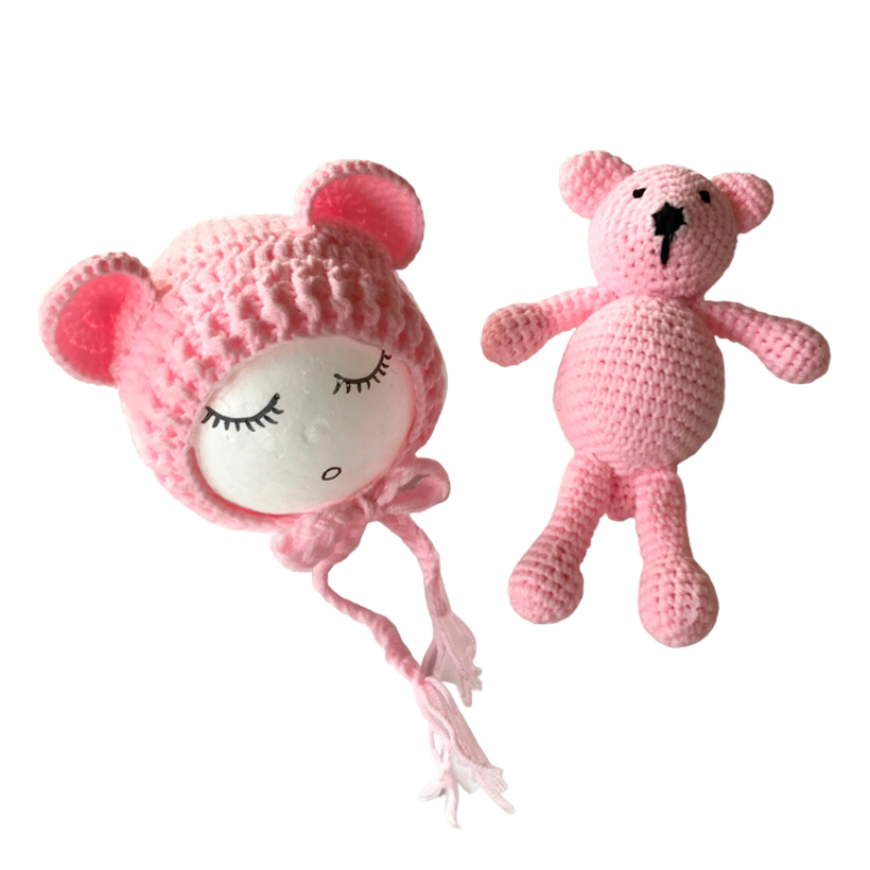 Pink Cutie Pie Crochet Newborn Baby Bear Bonnet with Matching Stuffy