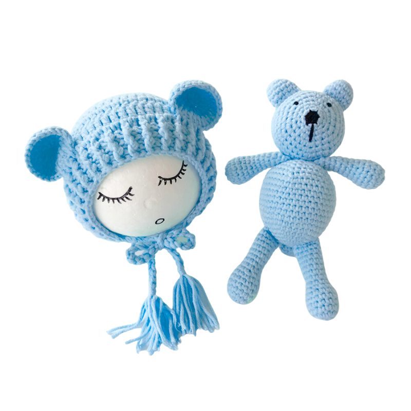 Blue Cutie Pie Crochet Newborn Baby Bear Bonnet with Matching Stuffy