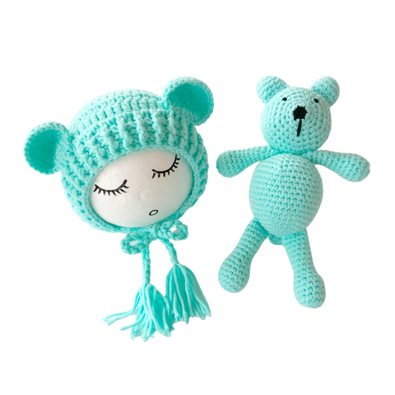 Cyan blue aqua Cutie Pie Crochet Newborn Baby Bear Bonnet with Matching Stuffy