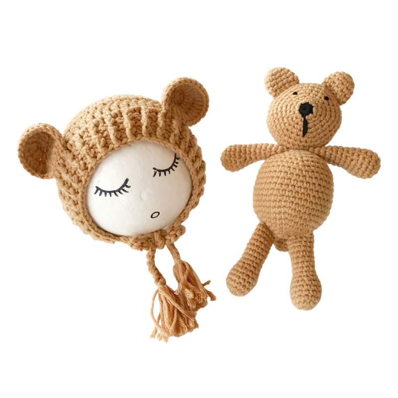 Khaki Cutie Pie Crochet Newborn Baby Bear Bonnet with Matching Stuffy