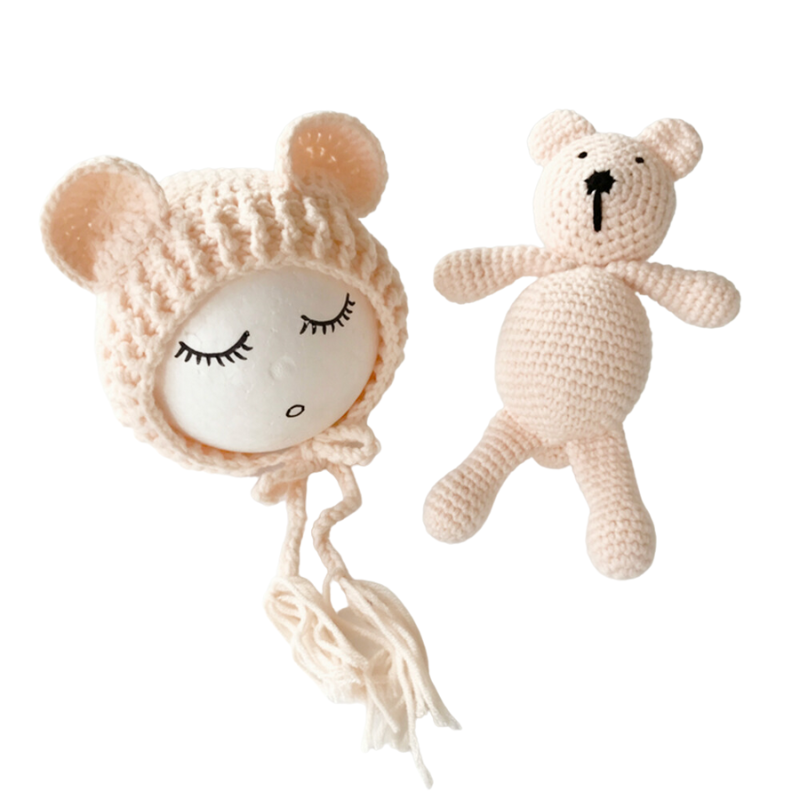 Oatmeal Cutie Pie Crochet Newborn Baby Bear Bonnet with Matching Stuffy
