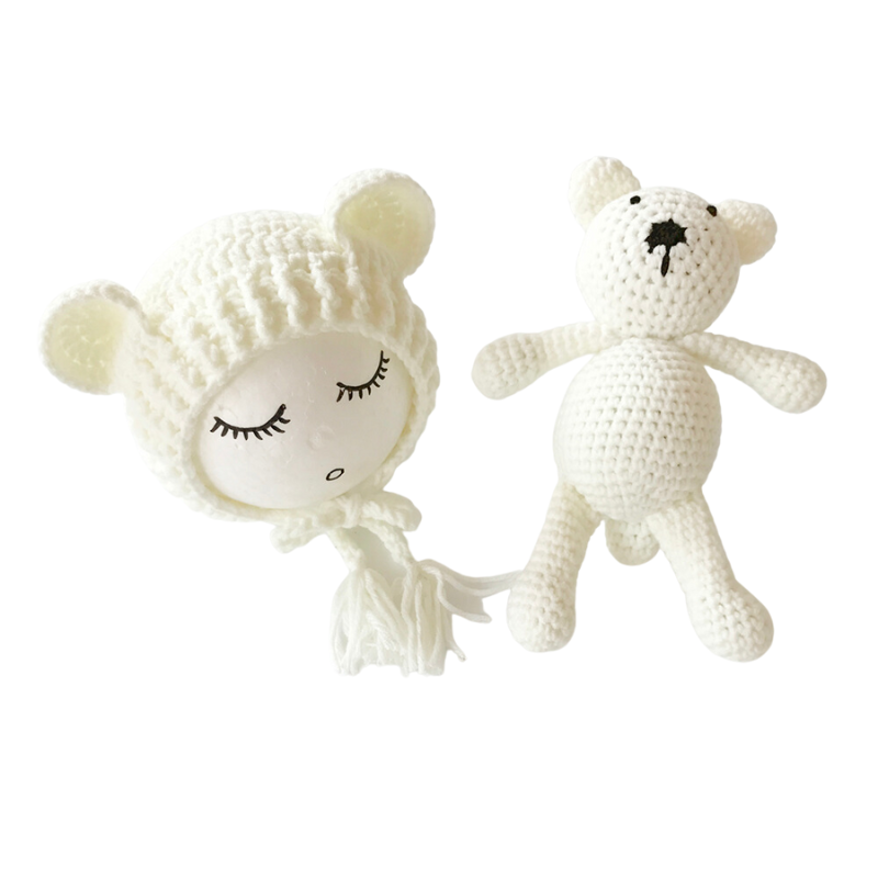 Ivory white Cutie Pie Crochet Newborn Baby Bear Bonnet with Matching Stuffy