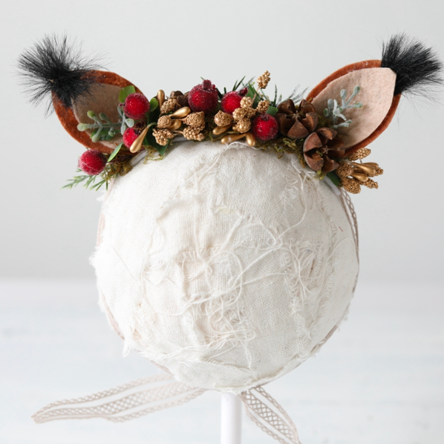 Red fox ears with red berries and pinecones wintery newborn and reborn baby girl photography headband.