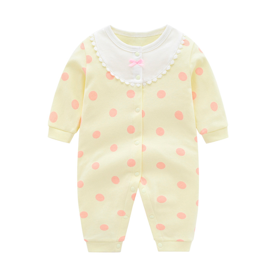 Pale yellow with pink polka dots newborn size button down long sleeve cotton romper with white collar and white for reborn dolls, baby girls, newborn babies, cuddle babies.