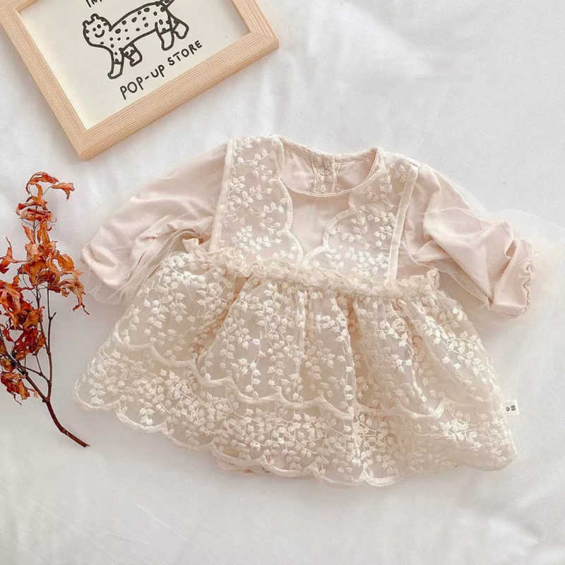 Long-sleeve elegant lace dress with vine embroidery for reborn baby dolls. Reborns for sale. Newborn baby dress for christening, wedding dresses for babies.