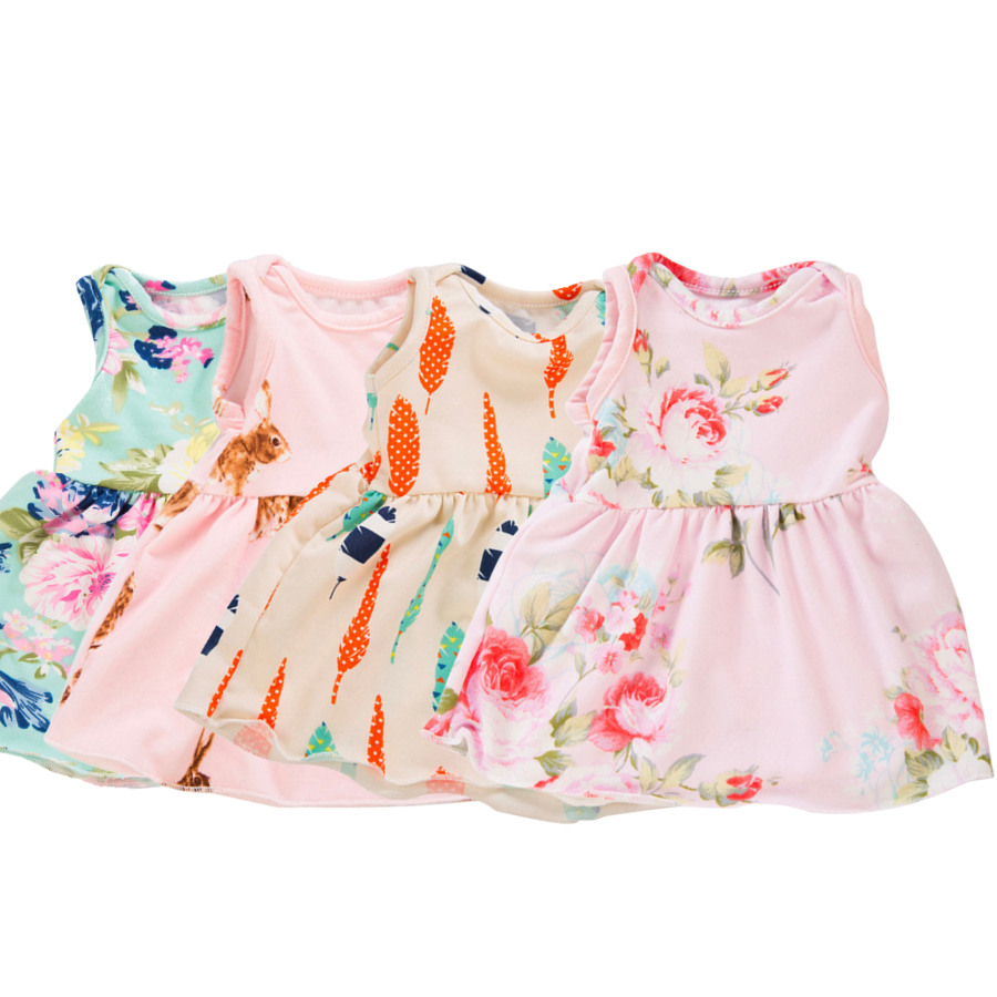 A-line sleeveless boho baby sundresses and bloomer sets for 18 inch dolls, preemie reborns, reborn dolls, and other small baby dolls.