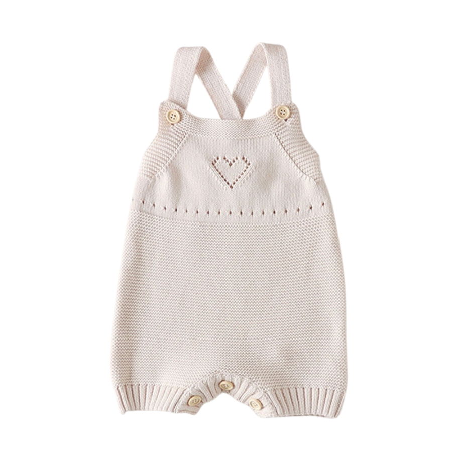 Beige Feeling Loved Knitted Overall Baby Romper Shorts for Newborns, Infants, Toddlers, and Reborn Baby Dolls with eyelet heart over the chest.