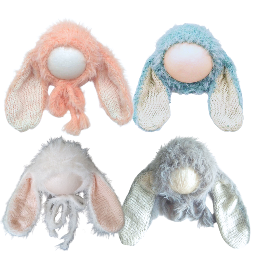 The floppy eared fuzzy knitted mohair baby bunny bonnet for newborn photography, babies, reborns, and baby dolls. Comes in pink, blue, white and grey.