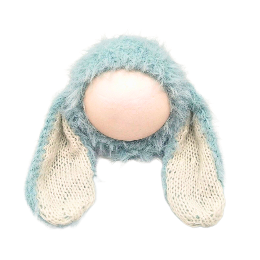 Baby blue and white floppy eared fuzzy knitted mohair baby bunny bonnet for newborn photography and baby dolls.