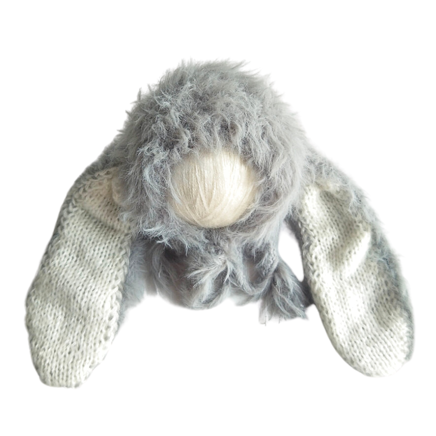 Light grey and white floppy eared fuzzy knitted mohair baby bunny bonnet for newborn photography and baby dolls.