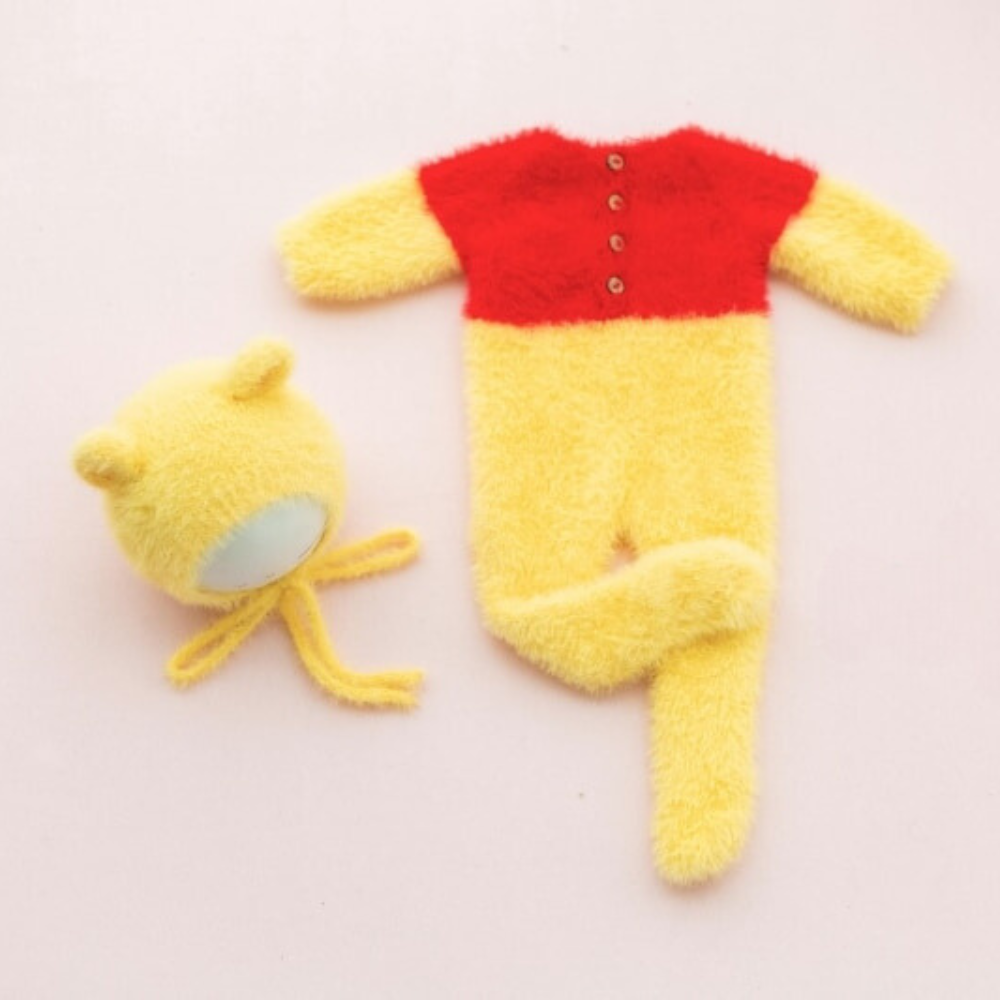 Fuzzy Winnie the Pooh newborn photography baby romper and matching bonnet for reborn dolls.