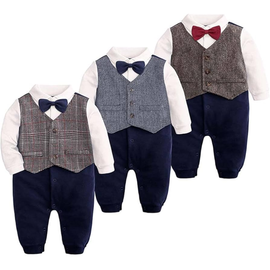 three newborn sized tuxedo suits for reborn dolls in navy blue, plaid and grey with bowties. 