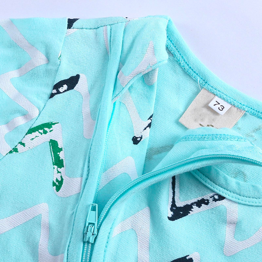 Unisex gender neutral chevron pyjamas on an aqua blue sleep n' play coverall zip-up romper with feeties for baby girls and boys, reborn dolls, and cuddle babies.
