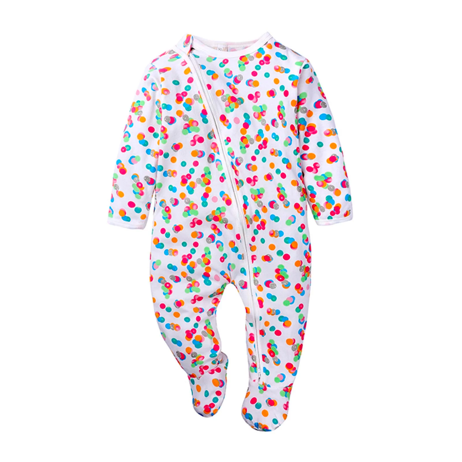 Colorful polka dots on a white sleep n' play coverall zip-up romper with feeties for baby girls, reborn dolls, and cuddle babies.