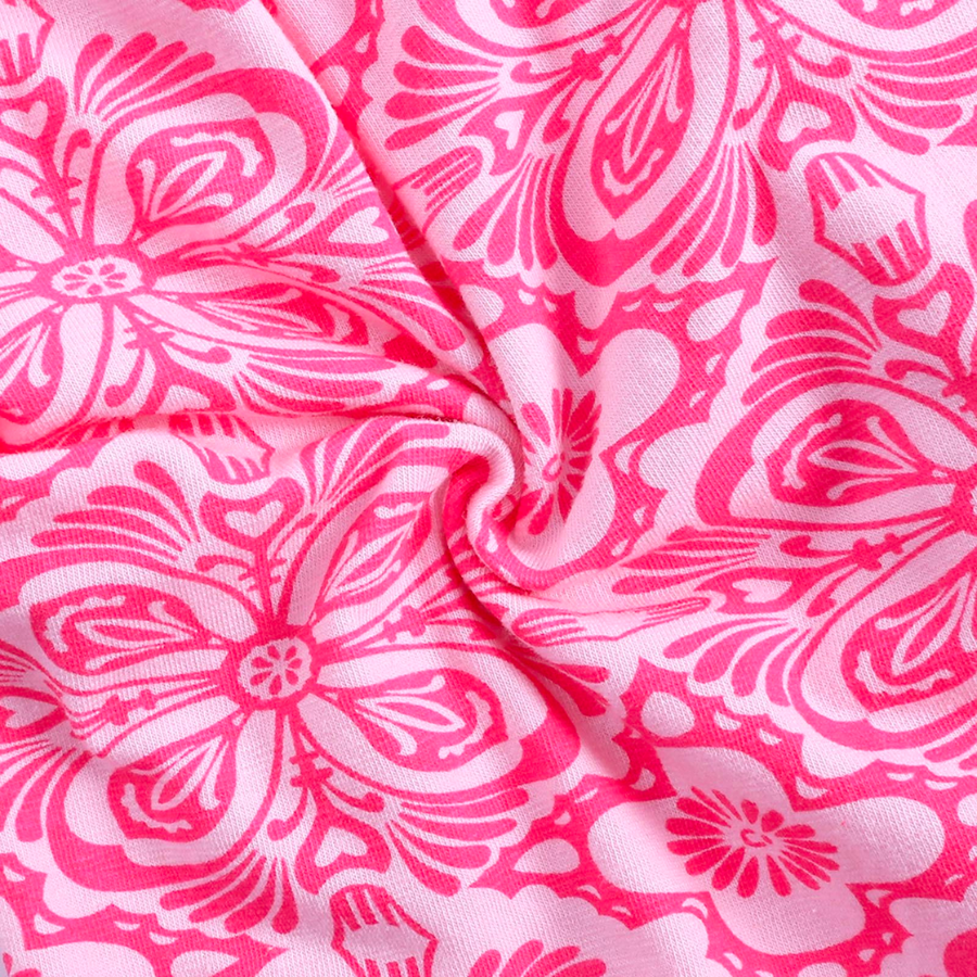 Pink abstract floral design on a pink sleep n' play coverall zip-up romper with feeties for baby girls, reborn dolls, and cuddle babies.