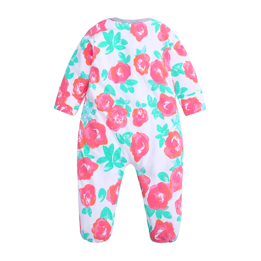 Coral roses on a white sleep n' play coverall zip-up romper with feeties for baby girls, reborn dolls, and cuddle babies.