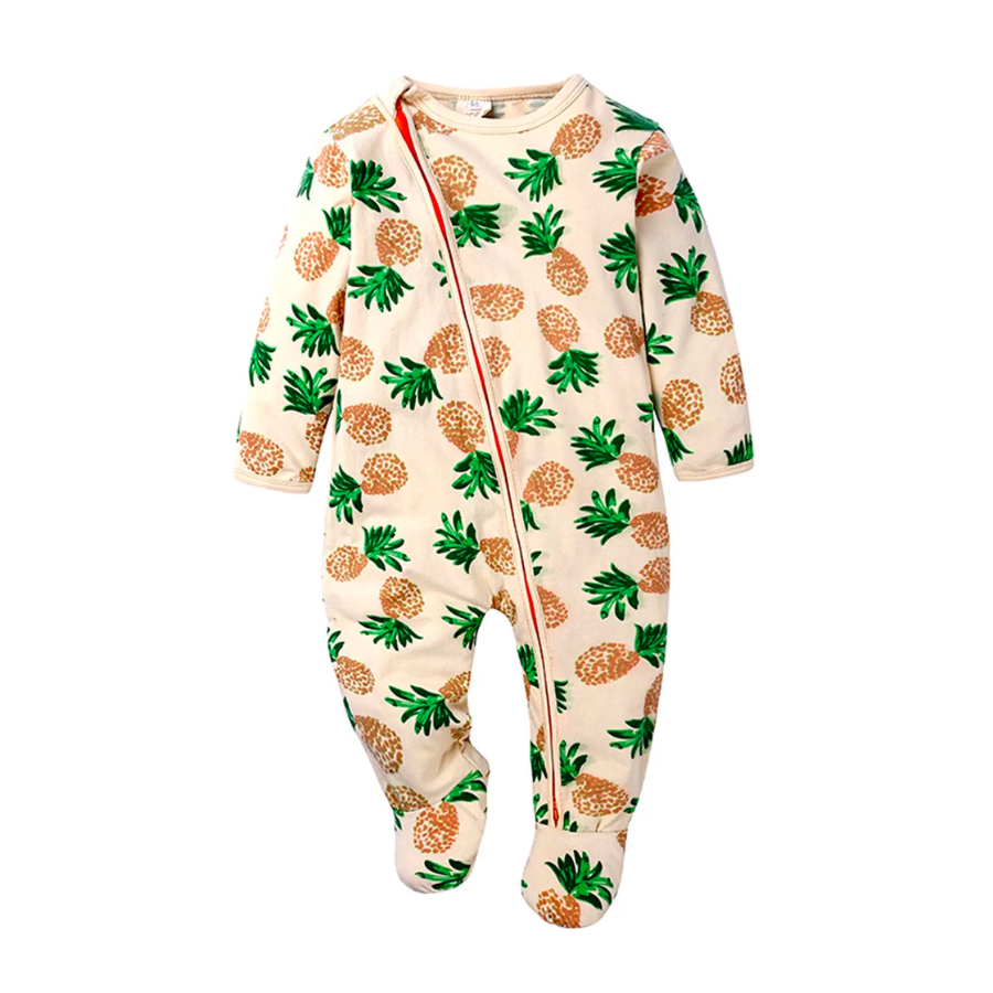 Unisex and gender neutral pyjamas with pineapples on a yellow sleep n' play coverall zip-up romper with feeties for baby girls and boys, reborn dolls, and cuddle babies.