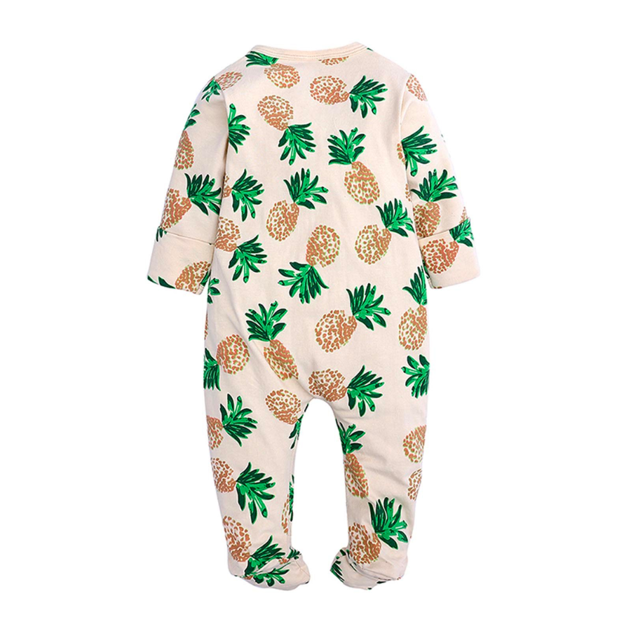 Unisex and gender neutral pyjamas with pineapples on a yellow sleep n' play coverall zip-up romper with feeties for baby girls and boys, reborn dolls, and cuddle babies.