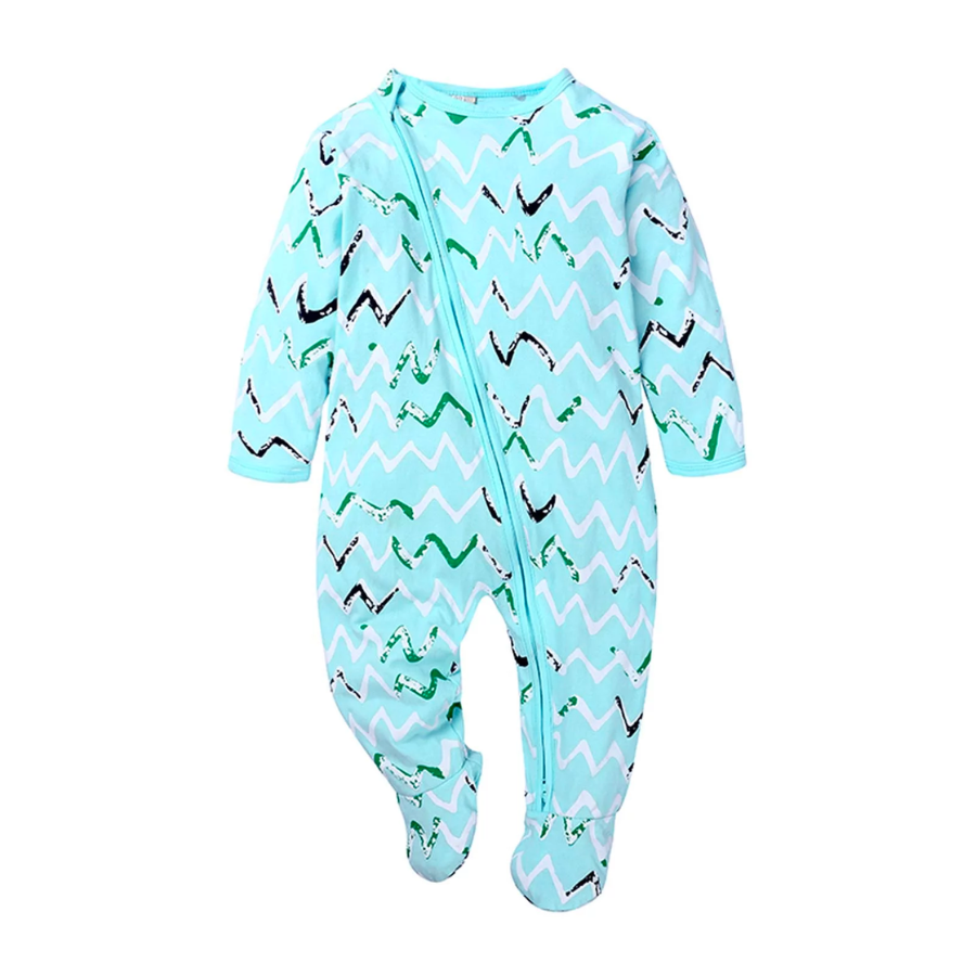 Unisex gender neutral chevron pyjamas on an aqua blue sleep n' play coverall zip-up romper with feeties for baby girls and boys, reborn dolls, and cuddle babies.