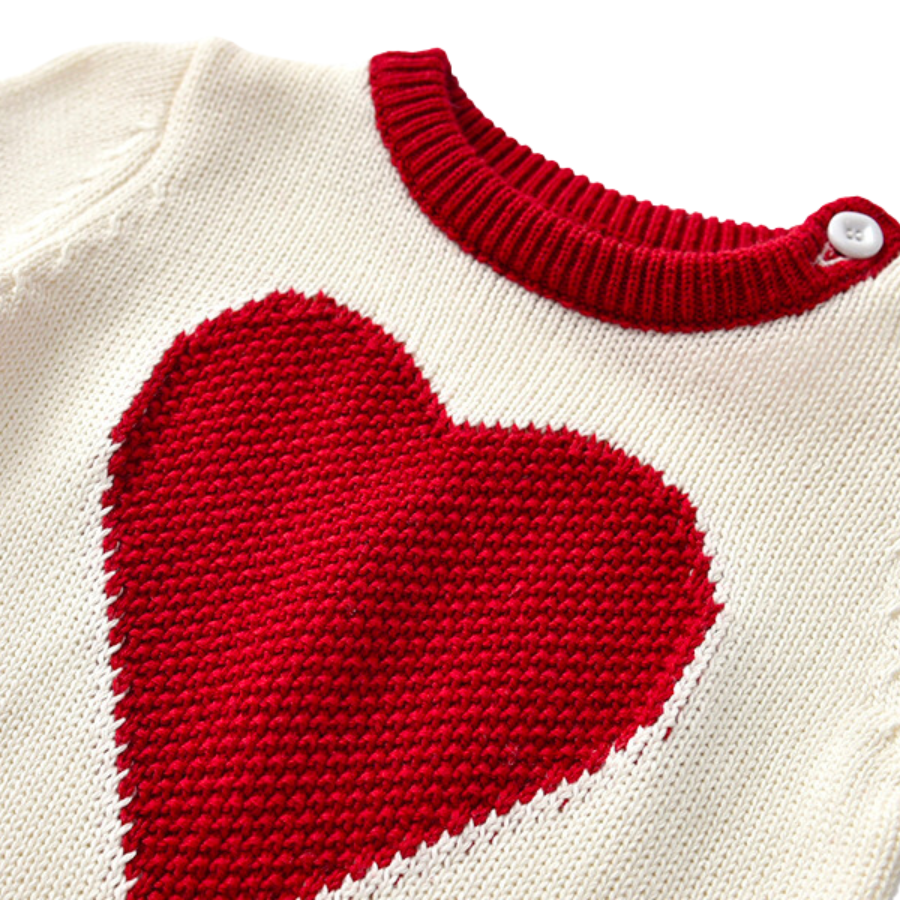Go With All Your Heart Knitted Newborn Baby Romper. White knit romper with red collar and red heart over the chest for reborn dolls and newborn babies. Unisex and gender neutral.