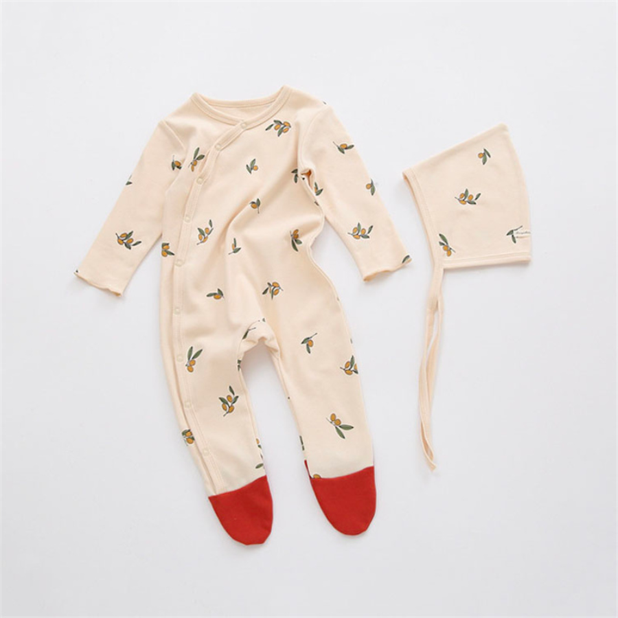 Off-white cream coloured long-sleeve button-up romper with ginger red toe tips and mangos all over it. Comes with a matching pixie bonnet hat with a drawstring for babies and reborn dolls.