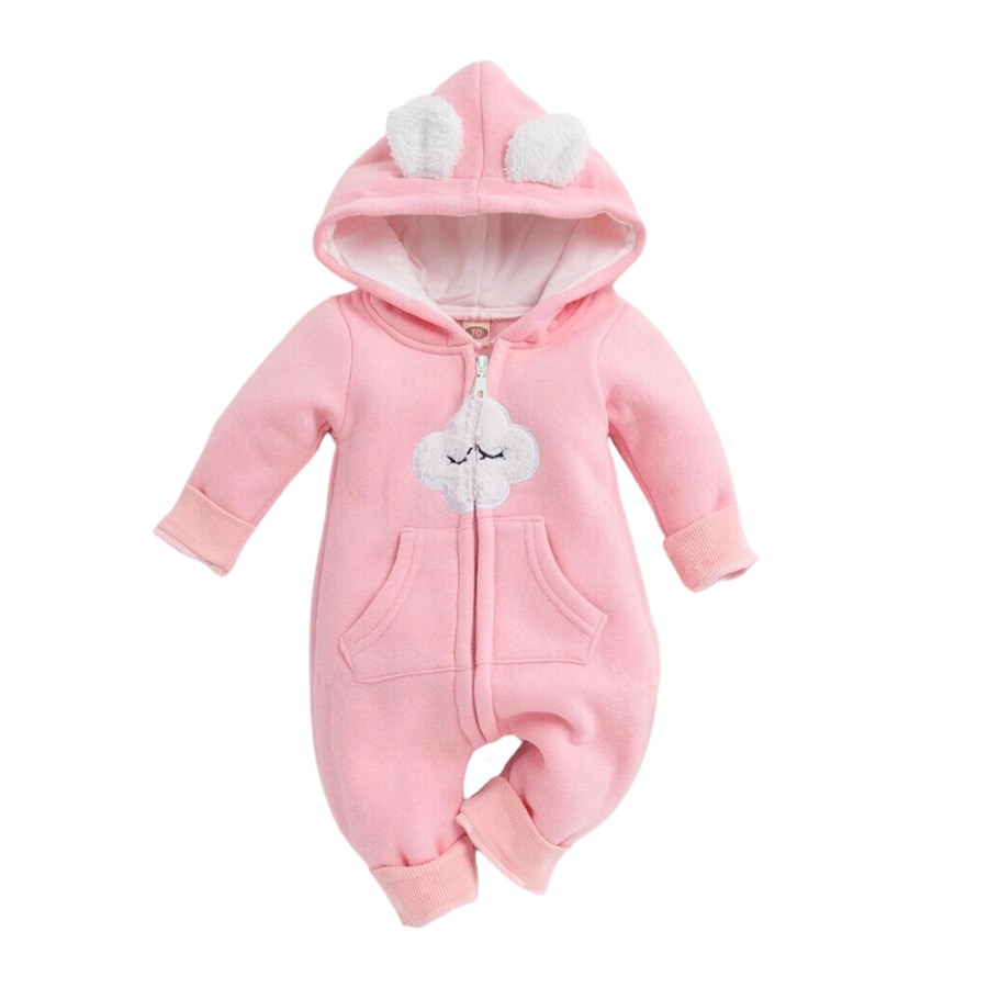 Light Pink Head in the Clouds hooded zip-up cotton baby romper for reborn dolls.