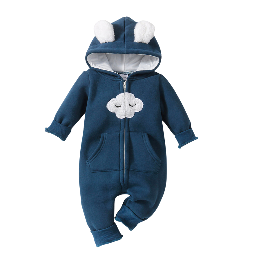 Dark Navy Blue Head in the Clouds hooded zip-up cotton baby romper for reborn dolls.