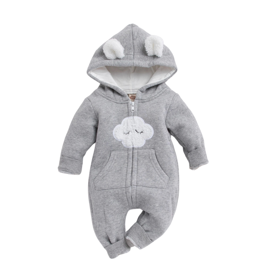 Grey Head in the Clouds hooded zip-up cotton baby romper for reborn dolls.