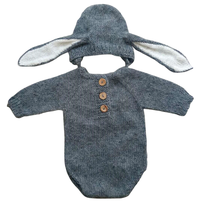 Dark grey angora goat mohair knitted floppy eared bunny rabbit newborn photography romper with bonnet hat and long-sleeve onesie bodysuit for reborn baby dolls, preemies and newborns.