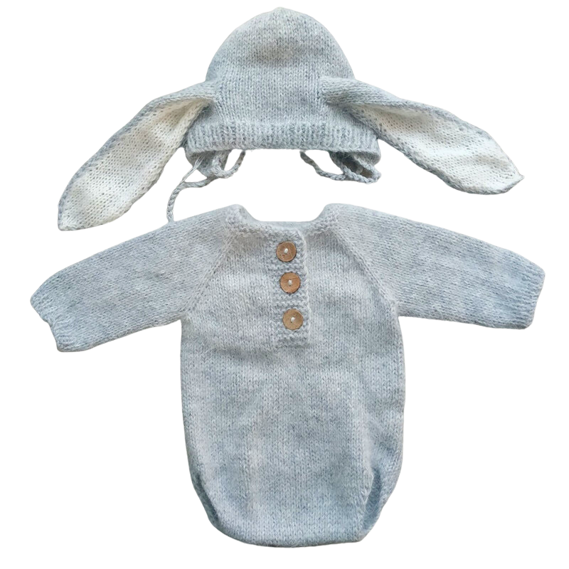 Light grey angora goat mohair knitted floppy eared bunny rabbit newborn photography romper with bonnet hat and long-sleeve onesie bodysuit for reborn baby dolls, preemies and newborns.